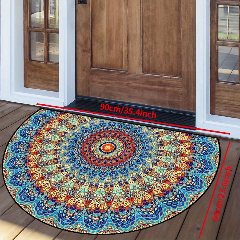 Mandala Flower Half Round Doormat - Non-slip, Machine Washable Polyester - Indoor/Outdoor Bedroom Hallway Patio Entryway Carpet - Photo Prop Gift Available in Various Sizes: 15x23, 19x31, 23x35, 31x47 inches.