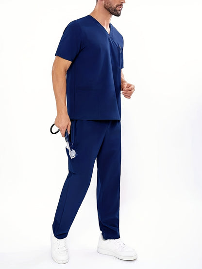 Men's Summer V-Neck Workwear Set: Short Sleeve Shirt & Pants