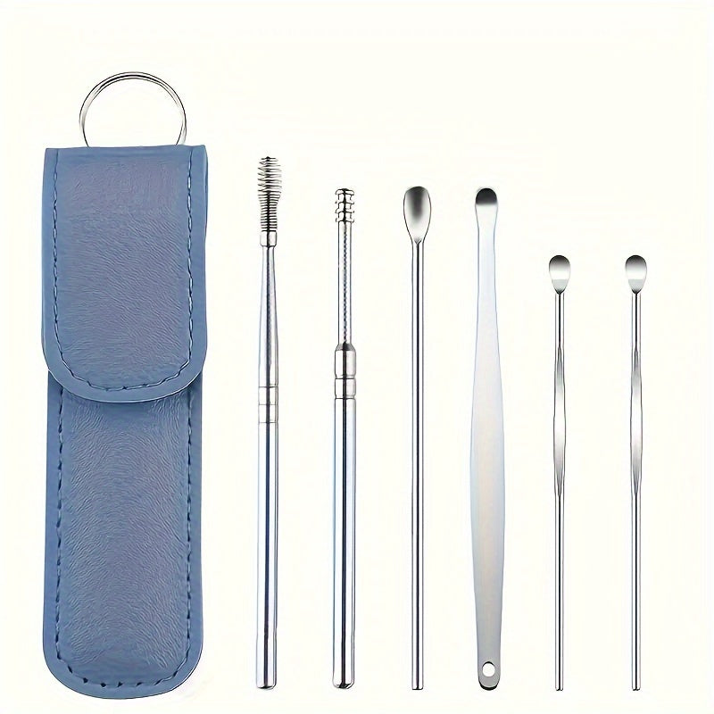 Ear Care Kit with 6 stainless steel ear spoons and storage case for daily cleaning at home or outdoors, no battery needed.