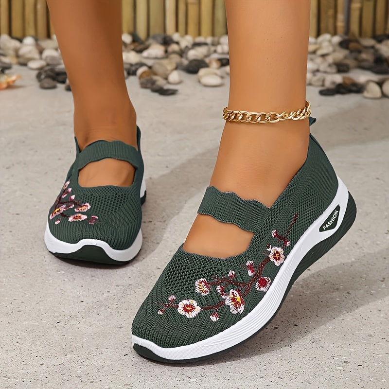 Women's Breathable Knit Sneakers with Floral Design, Non-Slip Sole, Lightweight, in Multiple Colors.