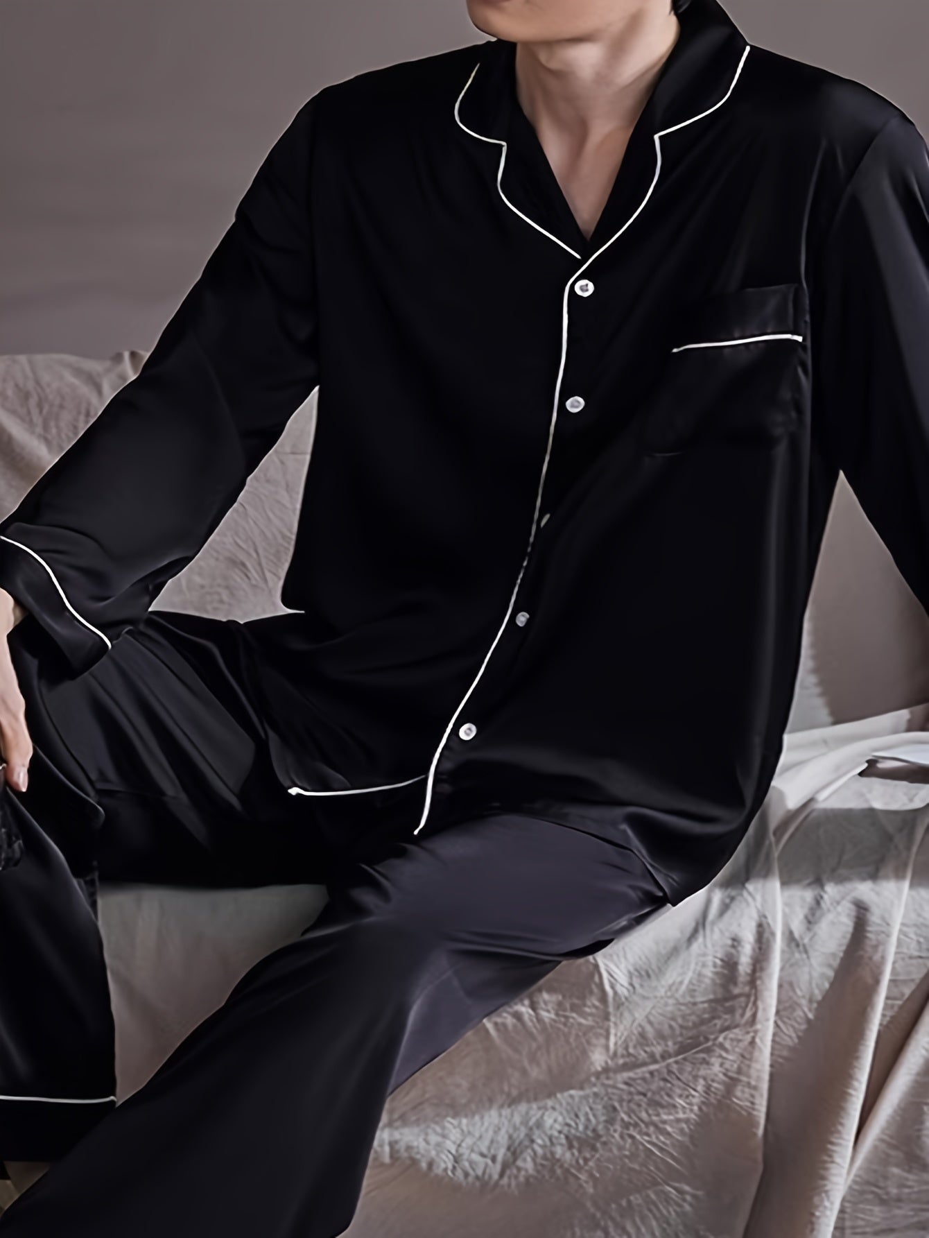 Men's casual pajama set made from large size ice silky fiber fabric, including long sleeve button pocket shirt top and trousers. Suitable for outdoor and home wear in spring, autumn, and