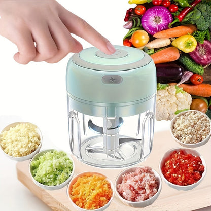 The RZSYZH Electric Mini Garlic Chopper is a convenient kitchen gadget with a 250ml capacity and USB rechargeable design. It features stainless steel square blades for efficient chopping of garlic, vegetables, nuts, and more. This portable food mincer is