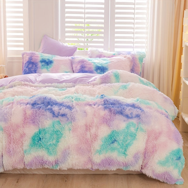 Y2K Tie Dye Plush Duvet Cover Set includes 3 pieces (1 Duvet Cover + 2 Pillowcases), providing soft and warm bedding.