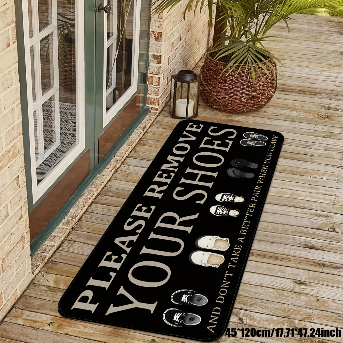 Hand-Washable Polyester Entryway Rug for Indoor and Porch Use - Non-Slip Mat with Decorative Shoe Prints and "Please Remove Your Shoes" Message