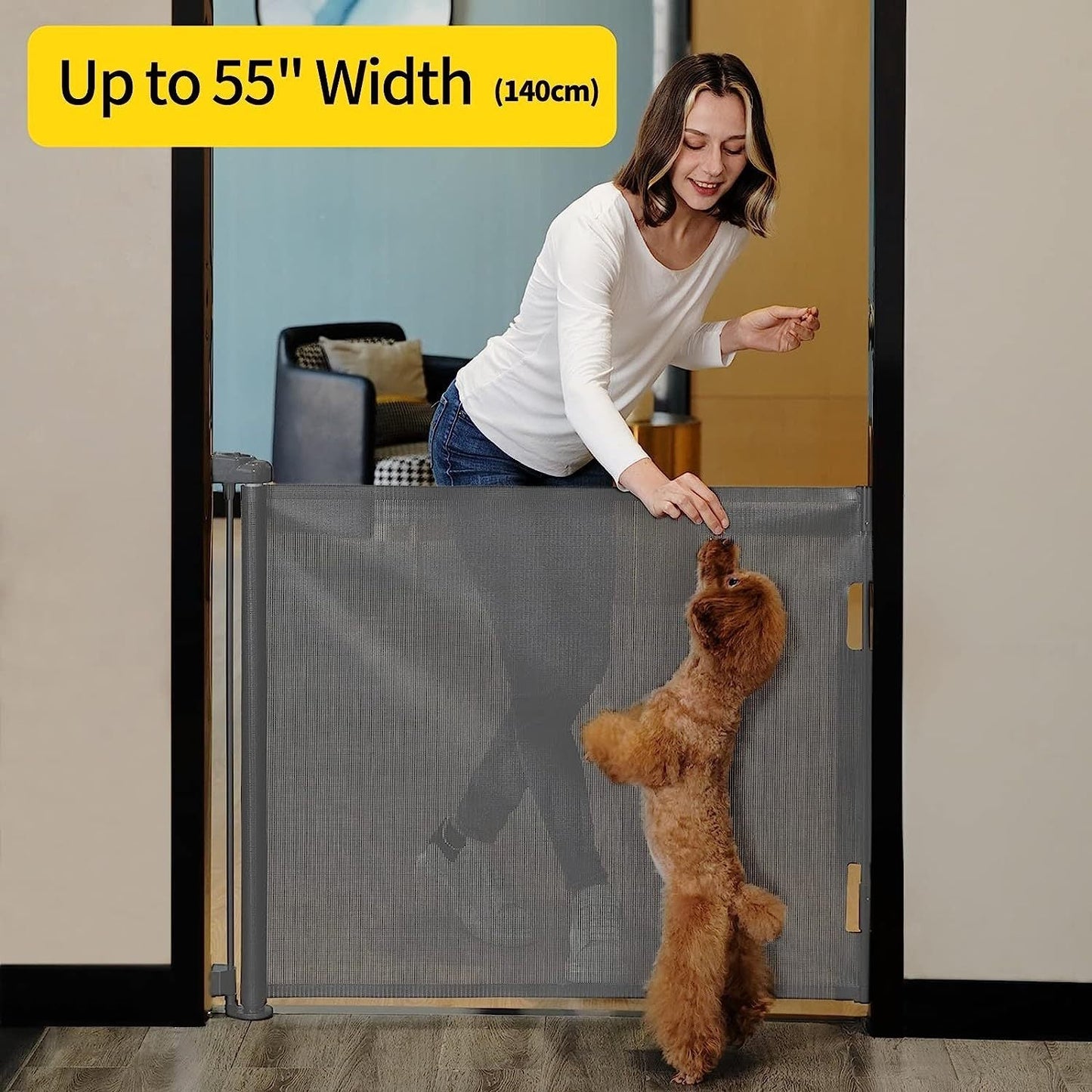 Baby gate options include a retractable mesh gate or a mesh dog gate, standing at 83.82cm tall and extending up to 139.7cm wide. This child safety gate is suitable for doorways, stairs, hallways, and can be used both indoors and outdoors.