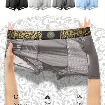 Men's Luxury Baroque Style Boxer Briefs, 4 pieces, Ice Silky Cool & Breathable, Quick-Dry, Ultra-Thin, Fashionable with Golden Waistband, available in Black, Dark Gray, Light Gray, and Sky