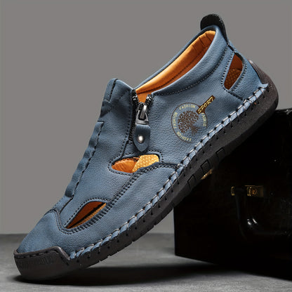 Men's handmade trekking shoes with side zipper, durable rubber sole for indoor and outdoor activities.