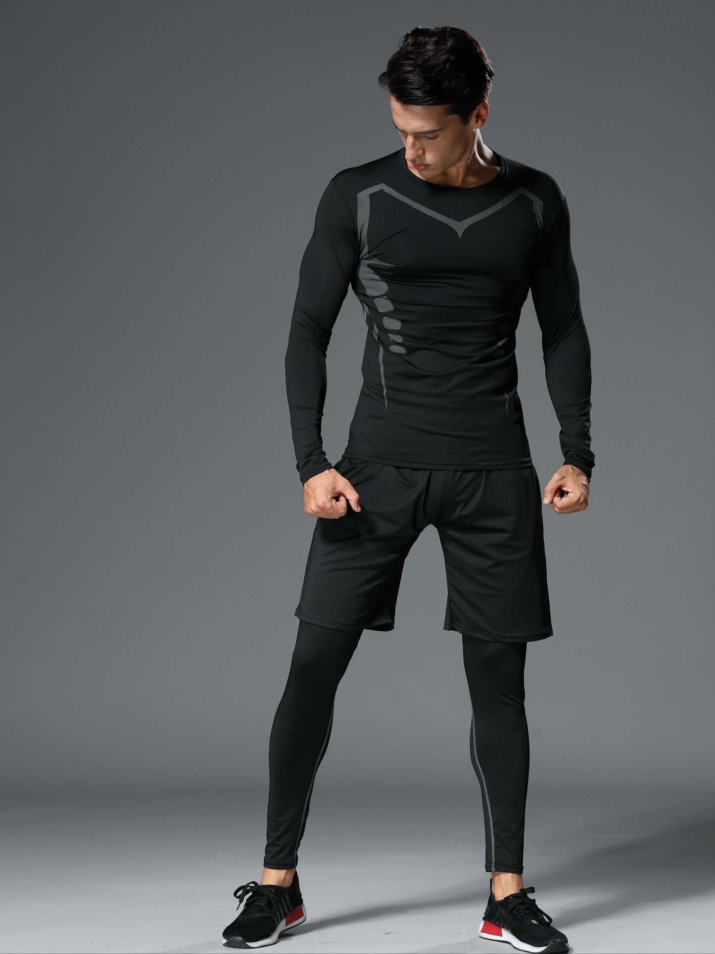 Men's sportswear for running and gym, tight-fitting spring quick-dry gear perfect for morning and night training in spring and autumn seasons.