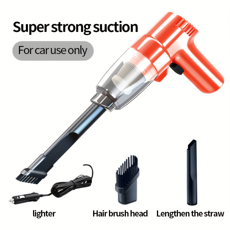 Battery-free portable handheld car vacuum with high suction power for both wet and dry cleaning in small sedans.