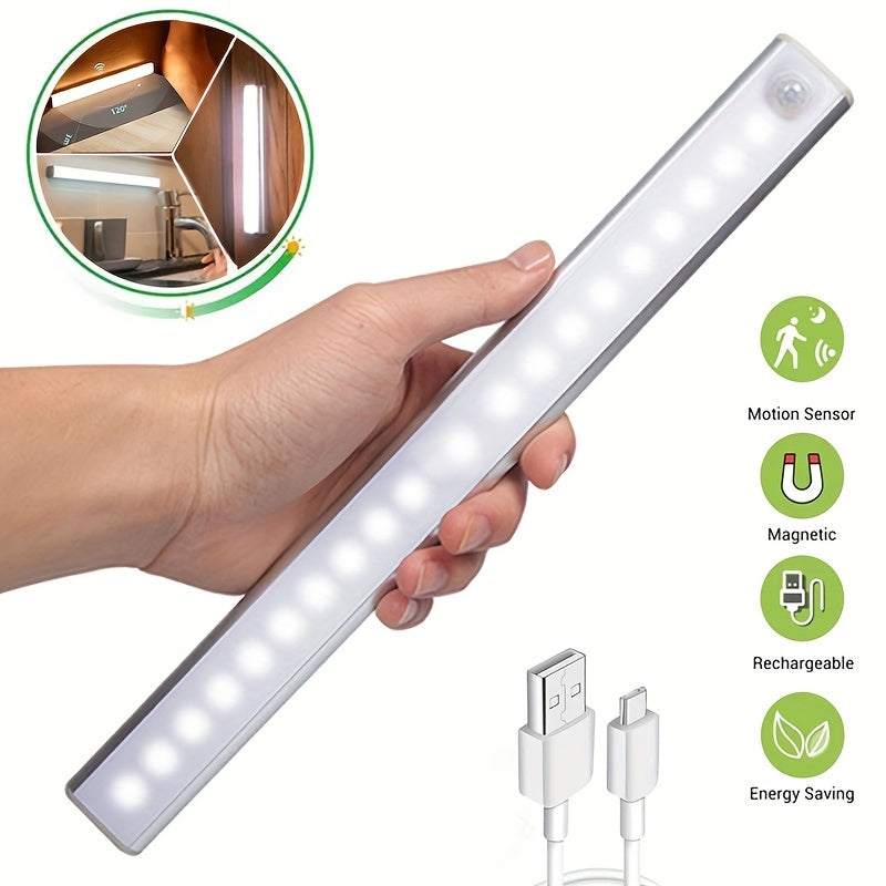 Wireless LED night light with motion sensor, USB rechargeable for various uses.