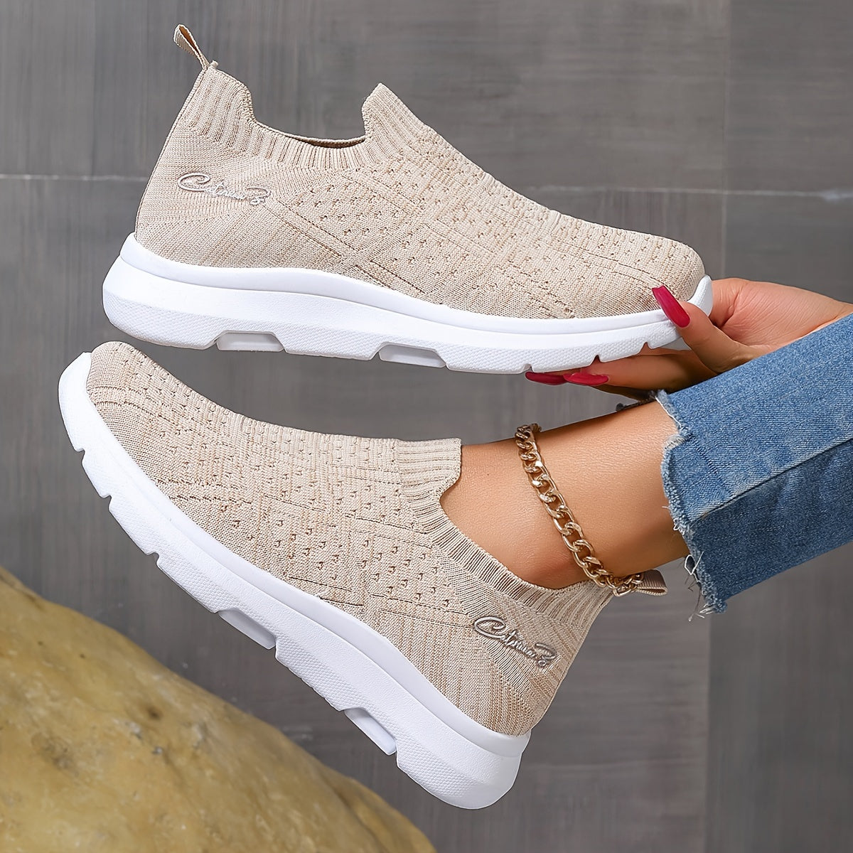 Women's Breathable Knit Slip-On Sneakers with Diamond Pattern Design, Lightweight and Soft Sole, Low-Top, All-Season Comfort, Cute Shoes.