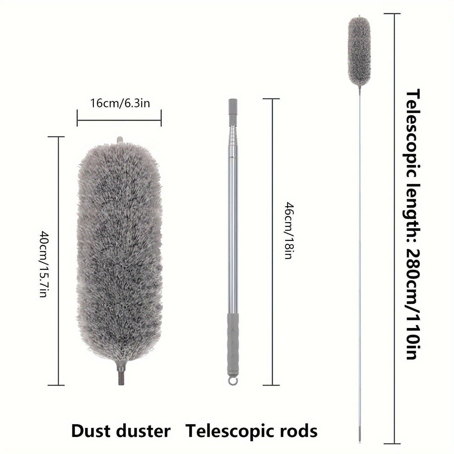 1 set of electrostatic dusters with extension pole, includes a retractable dust removal brush and a flexible dusting brush. These reusable and washable dusters are perfect for cleaning high ceilings, furniture, cars, and other surfaces. A must-have