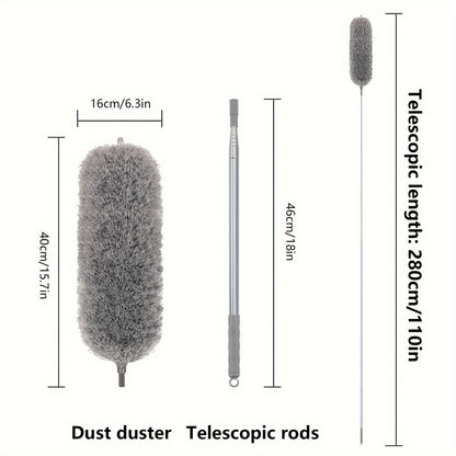 1 set of electrostatic dusters with extension pole, includes a retractable dust removal brush and a flexible dusting brush. These reusable and washable dusters are perfect for cleaning high ceilings, furniture, cars, and other surfaces. A must-have