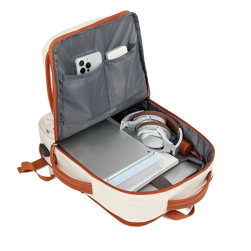 Expandable outdoor backpack with laptop compartment, wet/dry separation, ideal for students, business travel, and carry-on use.