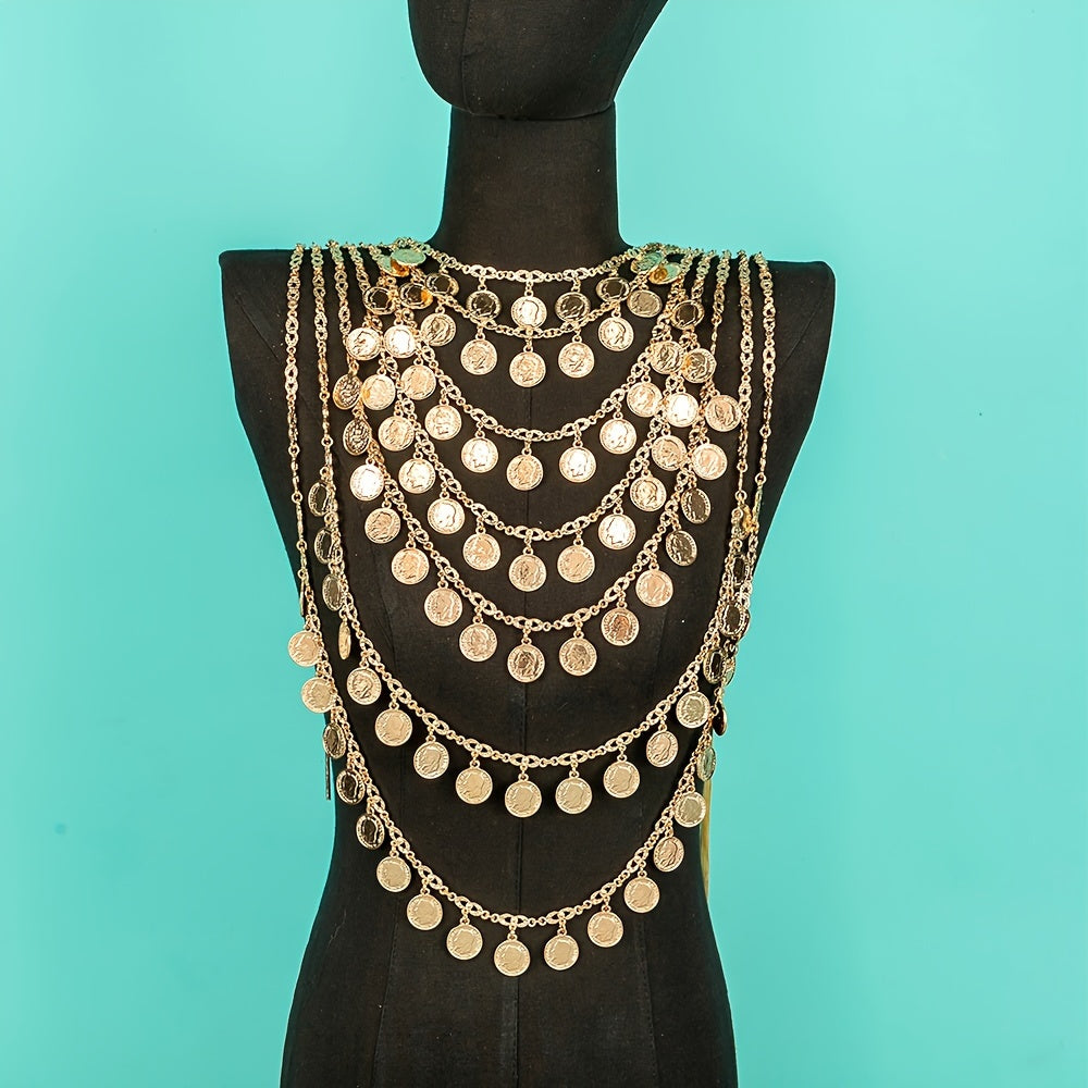 A stunning chest chain for a luxurious Arabic bride, featuring heavy handmade metal gold-plated portrait coin links. Perfect for adding elegance to wedding dress body accessories, this piece embodies the beauty of Algerian cultural traditional jewelry.