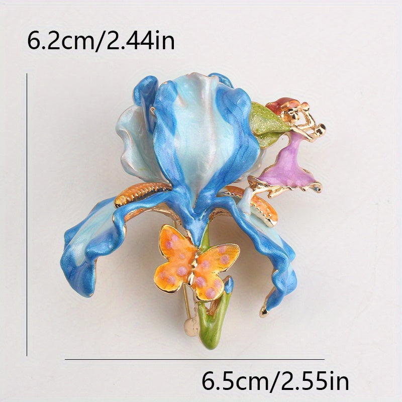 Enamel Iris Pixie Brooch: Vintage-Inspired Elegance with Rhinestones and Irregular Shape