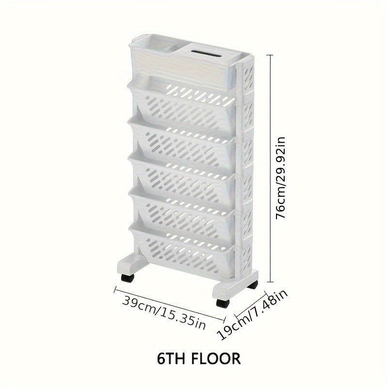 White plastic storage shelf with 5 or 6 layers for organizing items in office.