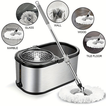 The Stainless Steel Spin Mop and Bucket Set includes 2/4/6 reusable pads for hands-free washing. This dual-use set is perfect for wet and dry floors, making it ideal for home, kitchen, and bathroom cleaning. The stainless steel design ensures durability