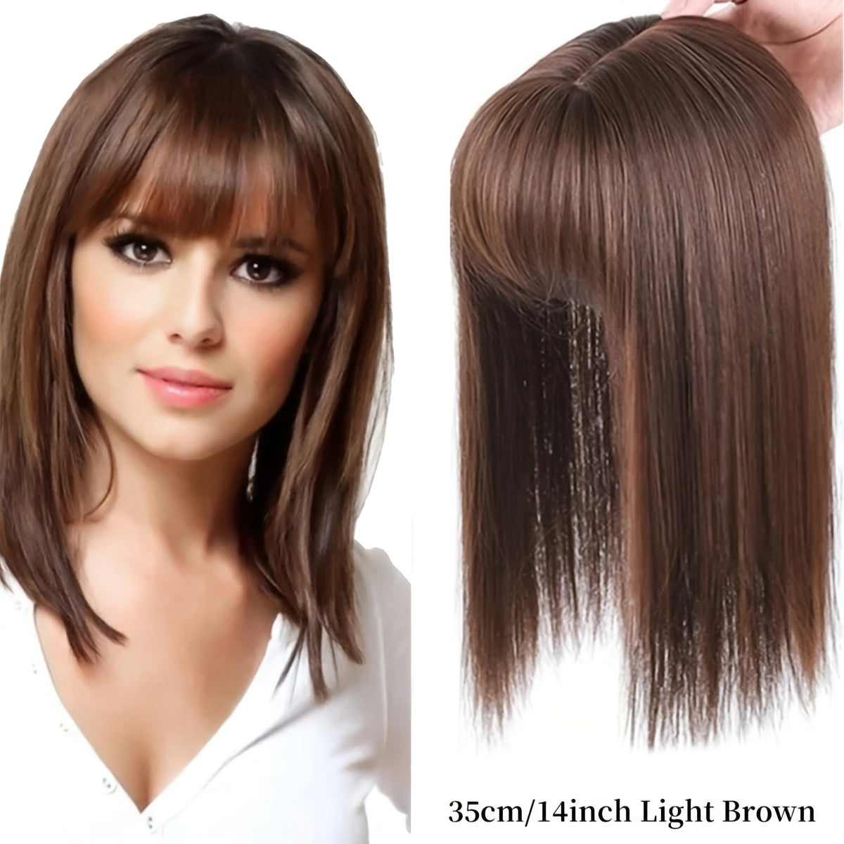 Straight synthetic hair pieces for women that seamlessly clip in to provide a natural-looking bang, with an invisible white cover and hair clips.