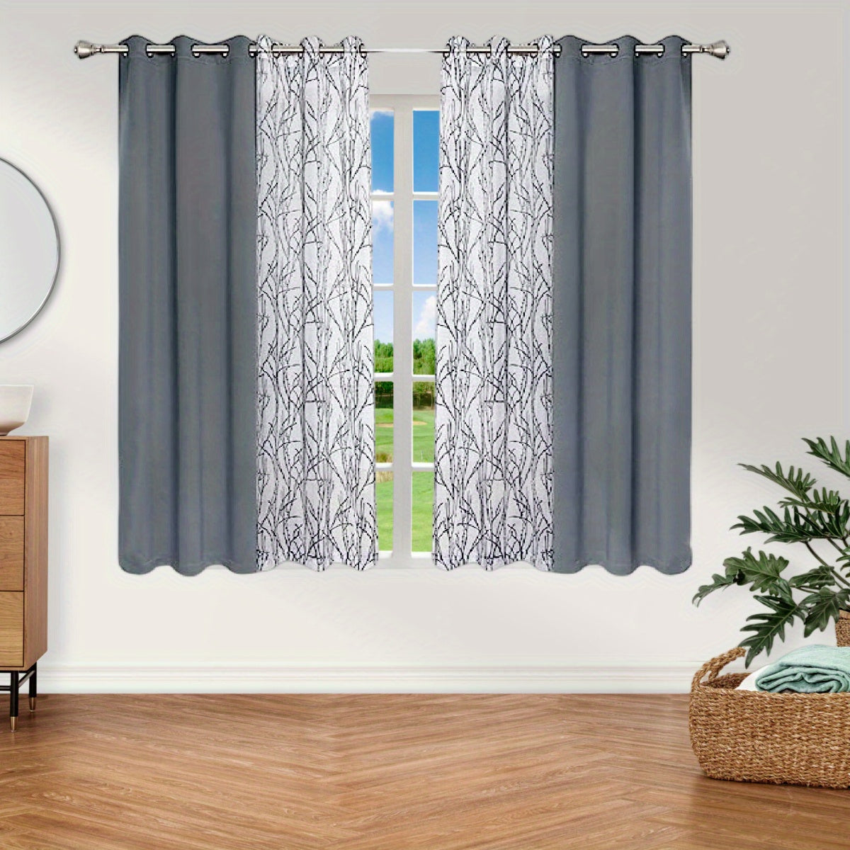 Pair of Curtains for Bedroom or Living Room - Includes 1 Sheer Branch Print Curtain and 1 Blackout Curtain, Grommet Style, 54x84 Inch Each, Dark Gray, Set of 2 Panels