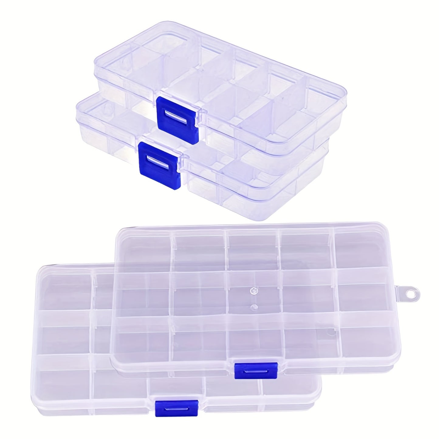 4 transparent plastic containers with 10 or 15 compartments each for storing beads, jewelry, small parts, and rings while on the go.