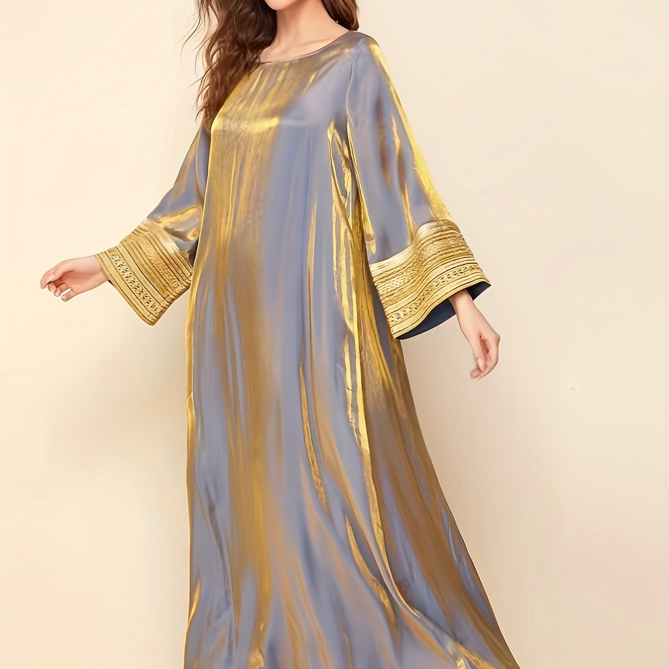 Lace trim crew neck kaftan dress with long sleeves and loose fit maxi silhouette for women.