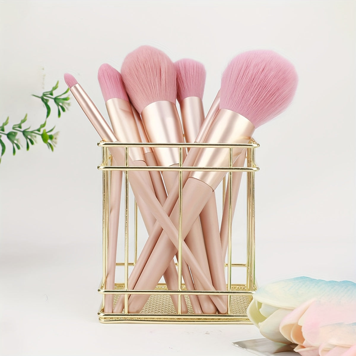 Golden Iron Makeup Brush Holder with Polished Finish, Rust Resistant, Multi-functional Desktop Organizer