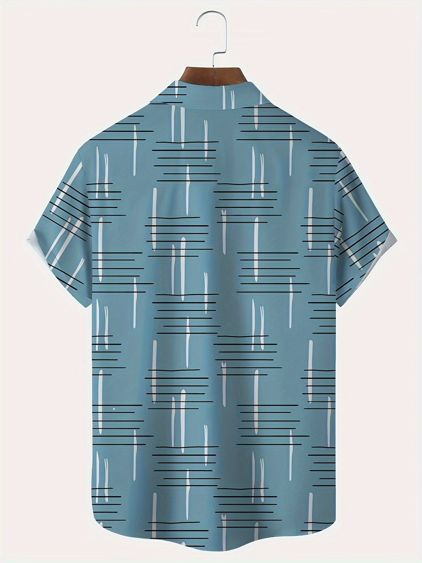 Men's plus size short sleeve shirt with geometric 3D line print, button-up collared design, chest pocket. Lightweight polyester, ideal for summer. Plus size.