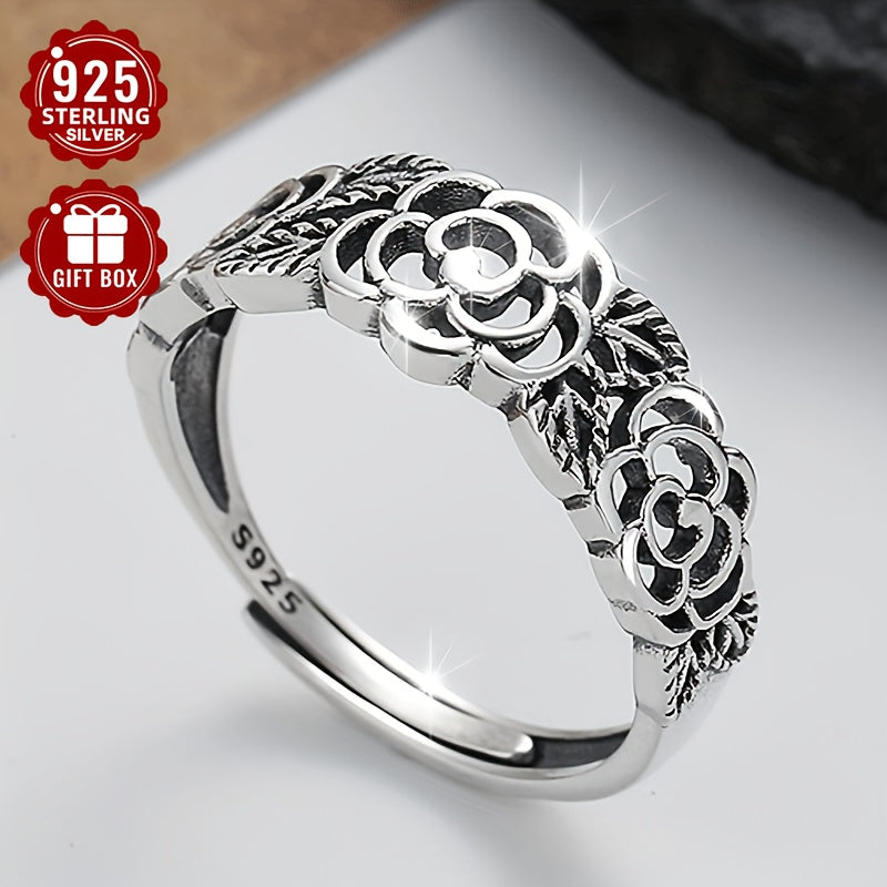 Retro sterling silver ring featuring a hollow rose flower design with an ethnic flair, perfect for literary-inspired ladies looking to add a unique touch to their daily or party outfits. Lightweight at about 2.5g.