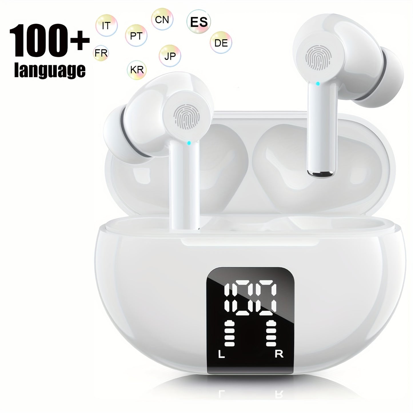 Compact, wireless earbuds with real-time translation for travel and business. Compatible with iOS and Android, supporting 150 languages.