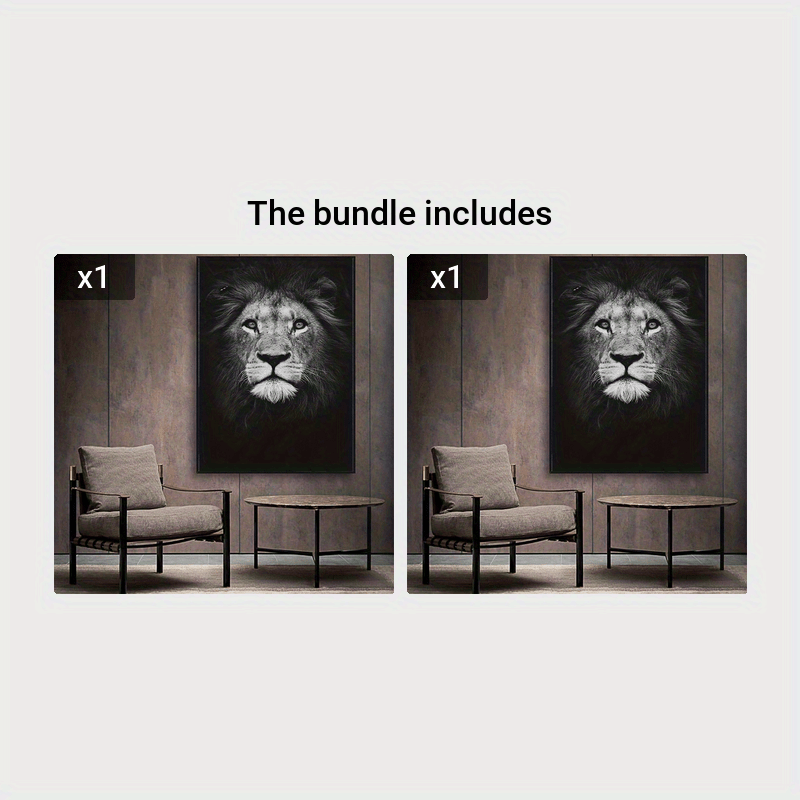 Black and white lion wall art print for home or office decor, featuring realistic animal portrait with textured fur detail.