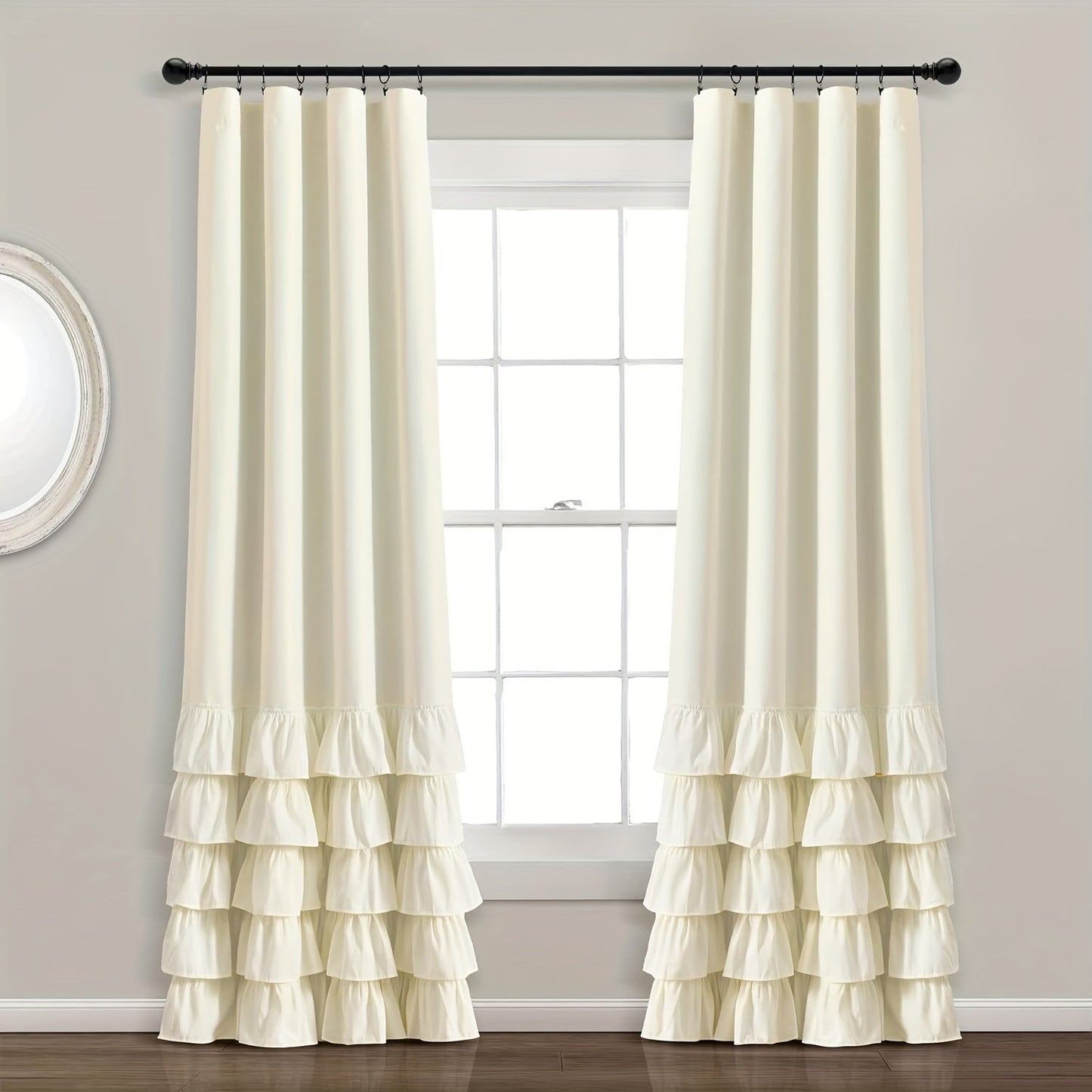 Two heavy-duty pleated lace window curtains for living room decoration. Each curtain measures 132.08cm wide by 213.36cm tall.