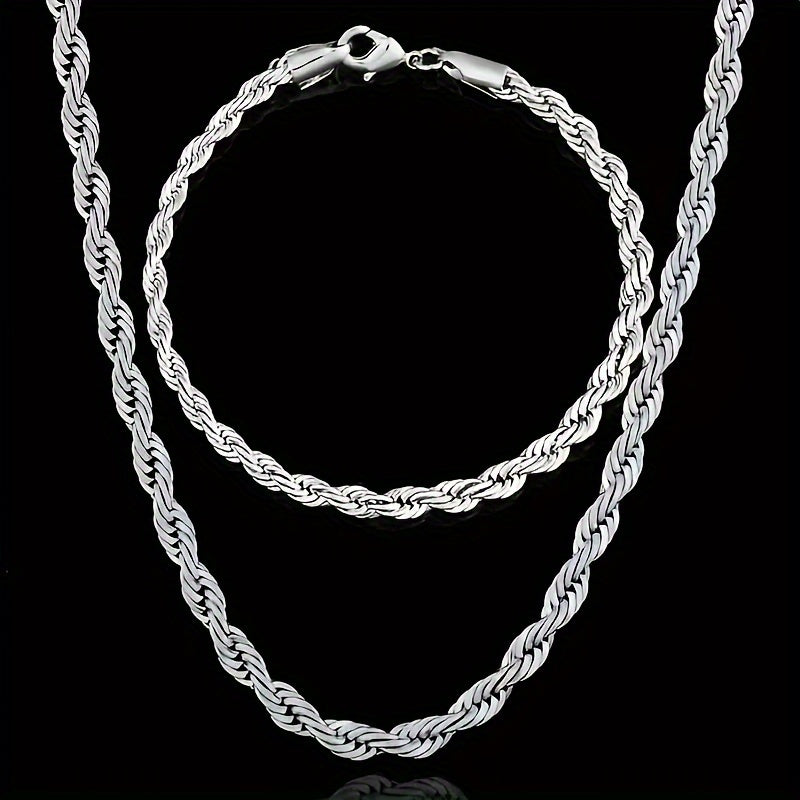 925 Silver Plated Twist Chain Set includes both men's and women's necklace and bracelet.