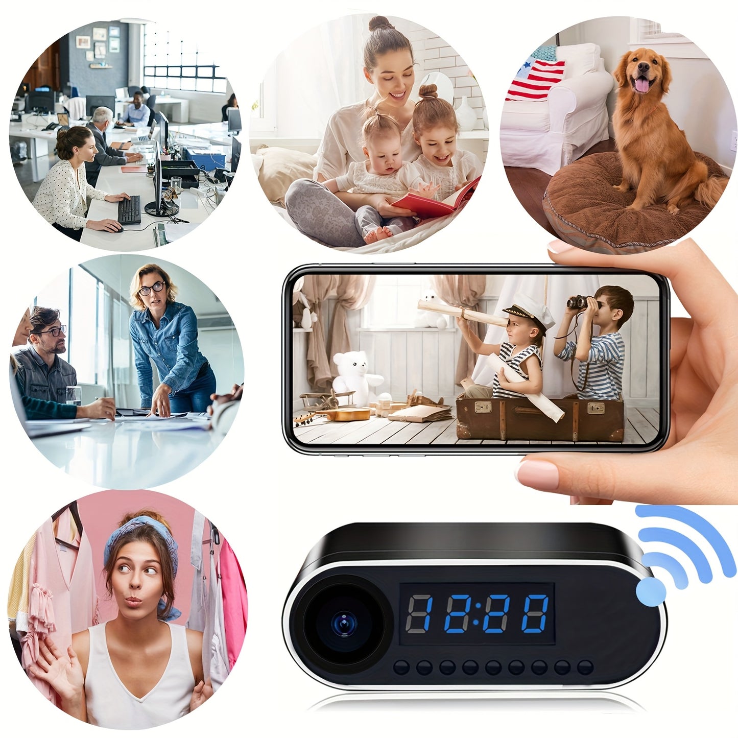 Mini camera clock with HD 1080P WiFi, night vision, wide-angle monitoring, and 64gb memory card for home security.