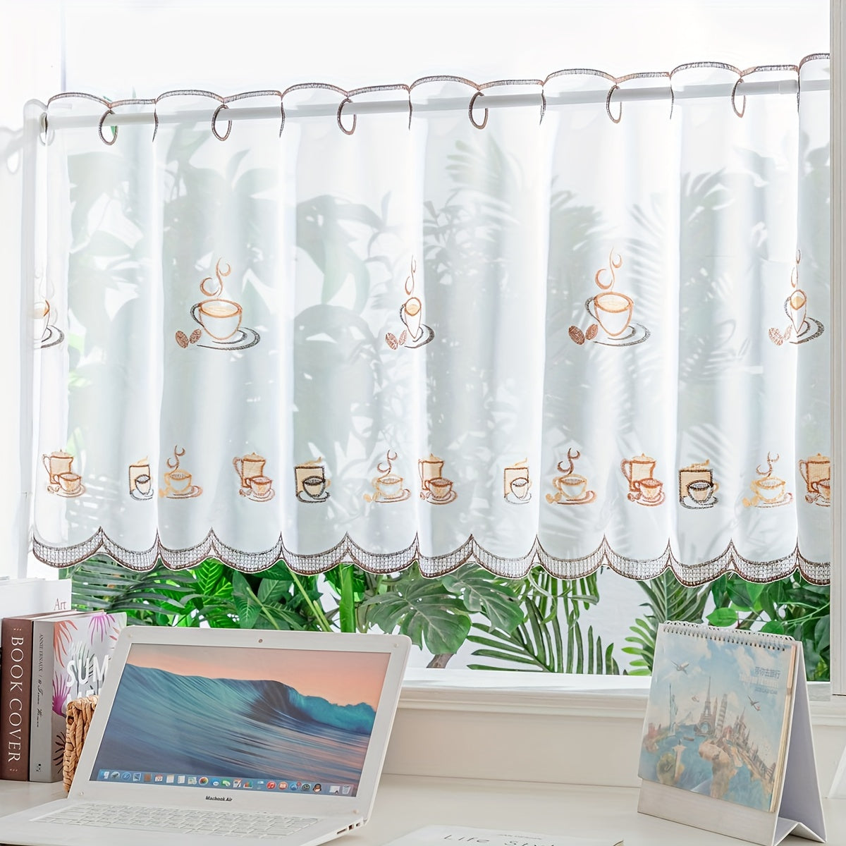 Embroidered sheer curtain valance for living room or cafe home decor, measuring 1 piece.