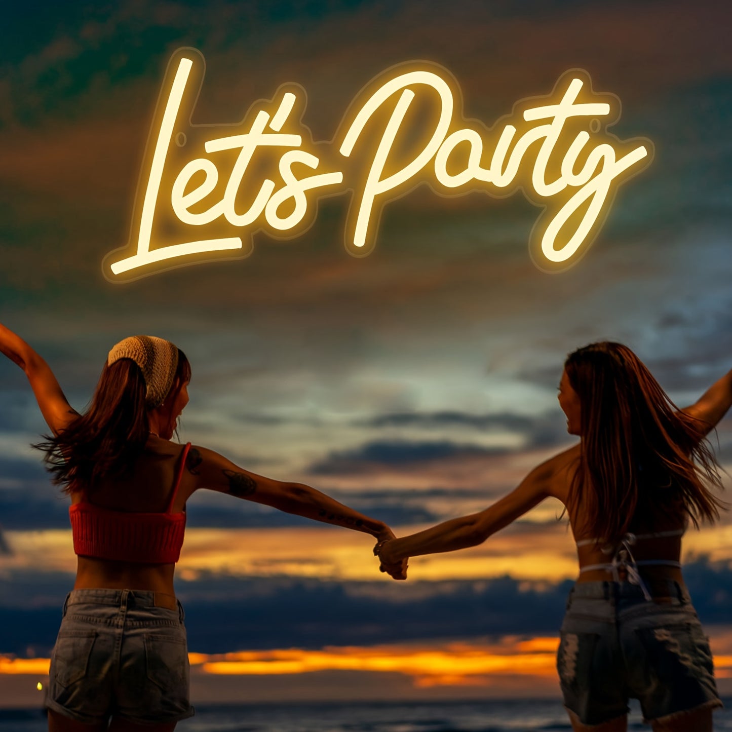 Neon 'Let's Party' sign ideal for festive wall decor in homes, offices, weddings, and holiday parties, powered by USB.