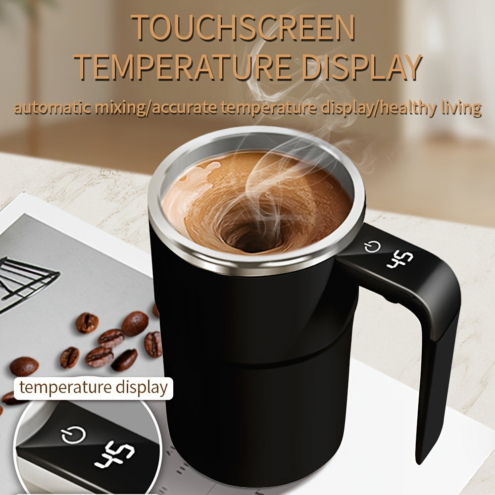 Innovative Self-Stirring Coffee Mug with Temperature Display - made from premium 304 Stainless Steel, USB rechargeable, includes Auto-Off function for effortless heat retention. Ideal for both office use and camping trips, constructed with Food-Safe