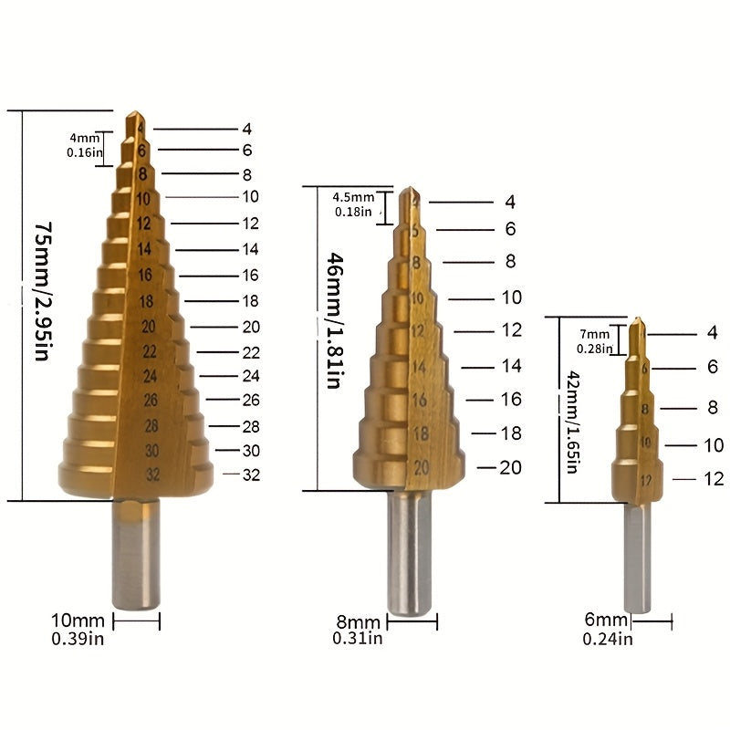 6pc Titanium Step Drill Bit Set, sizes 4-12mm, 4-20mm, and 4-32mm, for woodworking and metal drilling.