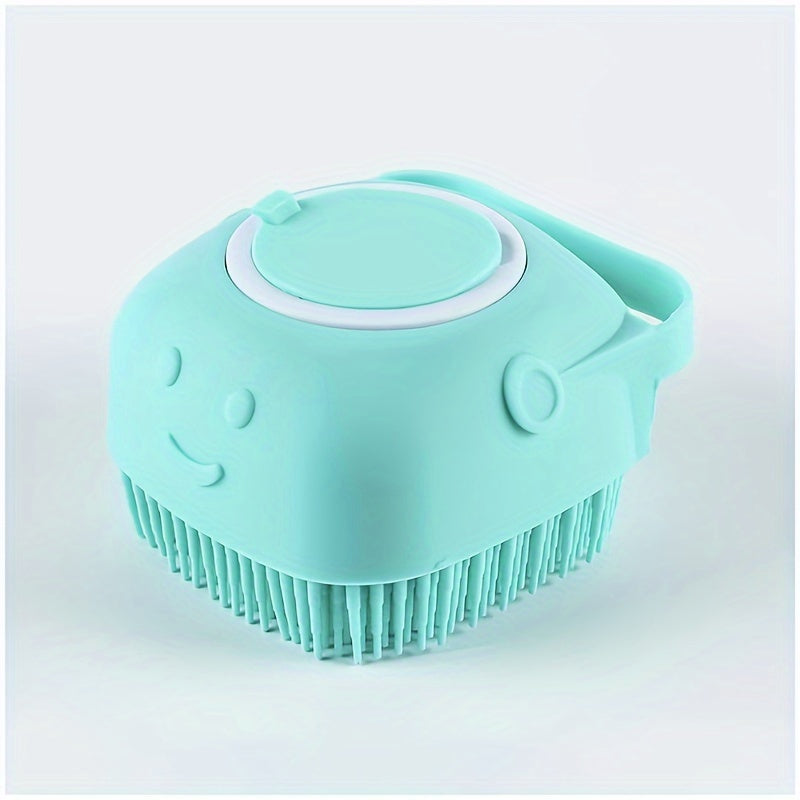 Silicone pet shampoo brush with dispenser for dogs and cats - no batteries needed.