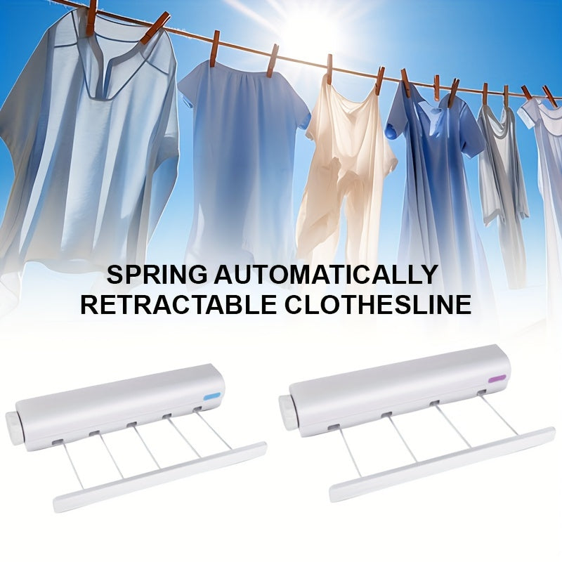 Save space with this Retractable Clothes Drying Rack, featuring 4/5 lines for hanging clothes. Made of durable plastic, this wall-mounted rack includes a towel bar and hooks for added convenience. Easy to use and portable, this Laundry Hanging Rod is