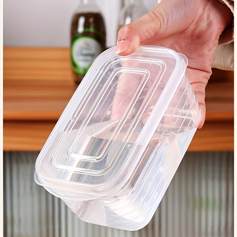 Five clear plastic food storage containers, ideal for organizing your fridge or taking on the go. Constructed from food-safe PP material.