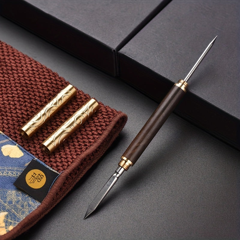 Sandalwood and Rosewood Double-headed Ruyi Tea Knife with Golden Hoop and Warping Tea Knife, Sandalwood Tea Needle