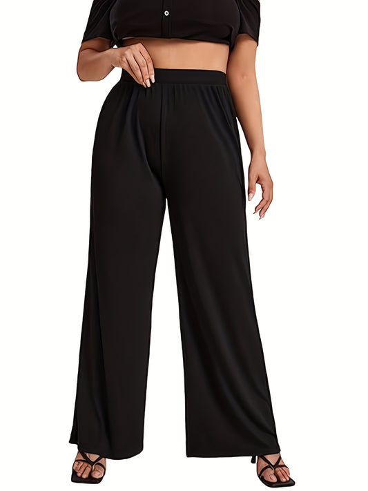 Plus size elegant wide leg pants for women in solid color, made with high stretch knit fabric (100% polyester, 180g/m²), perfect for spring/summer.