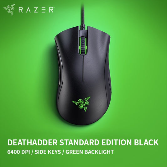 Игровая мышь Razer DeathAdder Essential с оптическим сенсором 16 000 DPI, подсветкой Chroma RGB, 7 программируемыми кнопками, механическими переключателями и резиновыми боковыми накладками.