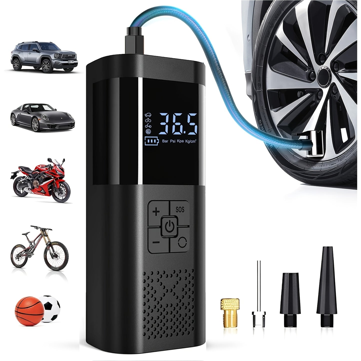 Compact 150PSI tire inflator with pressure gauge, LED light, and fast cordless operation. Works for vehicles, bikes, and sports balls.