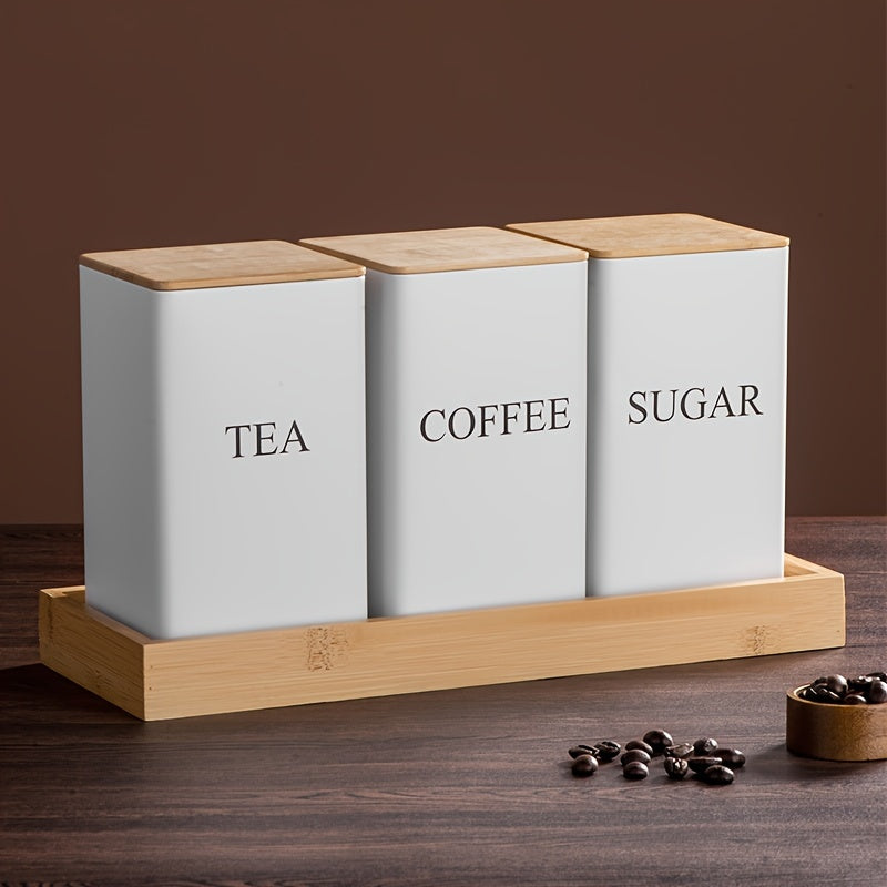 1 set of 3 pieces, which includes a coffee storage jar, a tea point coffee bean storage jar, and a square jar with a bamboo lid and iron art display