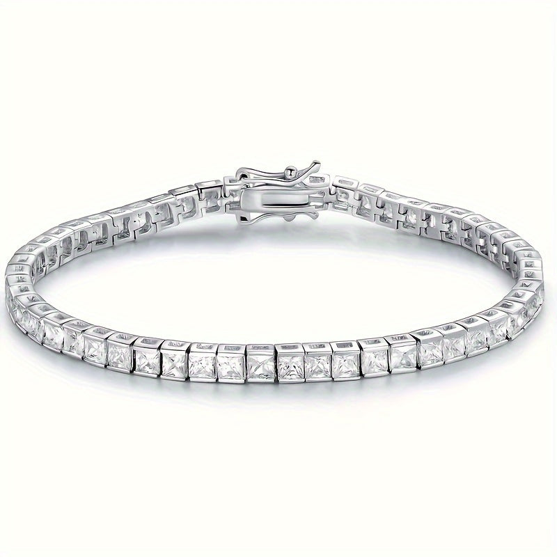 Get noticed with this sophisticated and chic 925 Sterling Silver Plated Moissanite Square-Cut Tennis Bracelet, a versatile piece perfect for everyday wear or special occasions. Give the gift of elegance this Valentine's Day with this timeless accessory