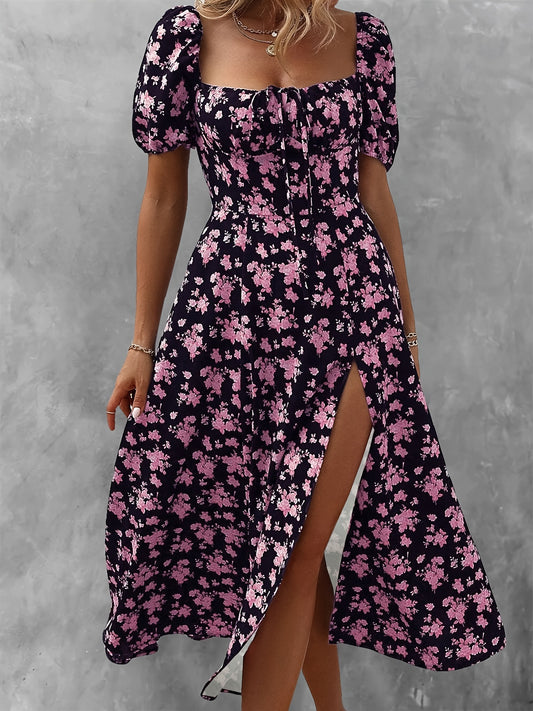 Floral print high slit dress with puff sleeves, perfect for spring and summer.