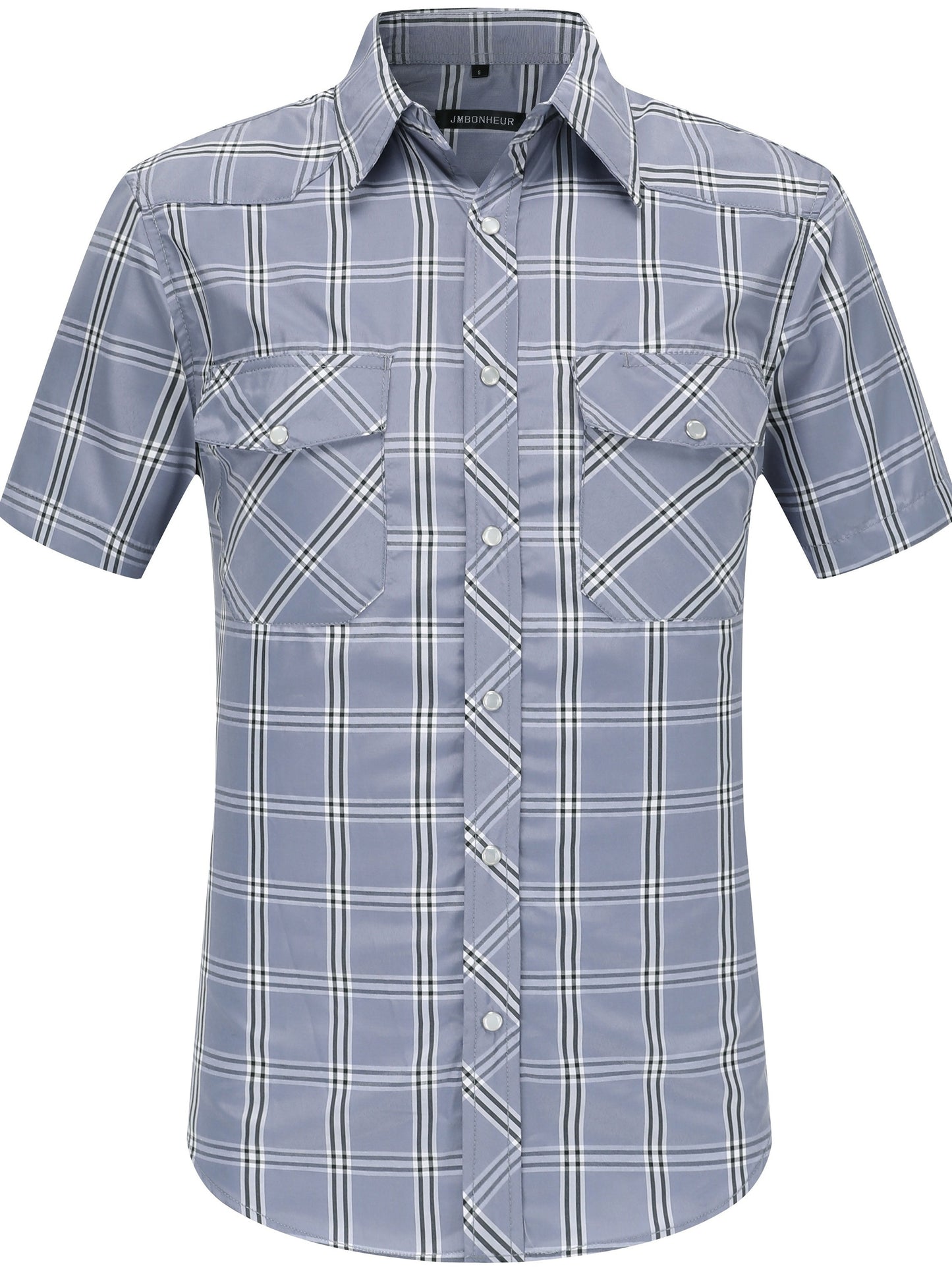 Men's Summer Casual Plaid Shirt, 94% Polyester 6% Cotton, Short Sleeve, Skinny Fit, Lapel Collar, Single Breasted, 2 Pockets with Pen Holder, Lightweight Fabric, Pearl Snap Buttons, Regular