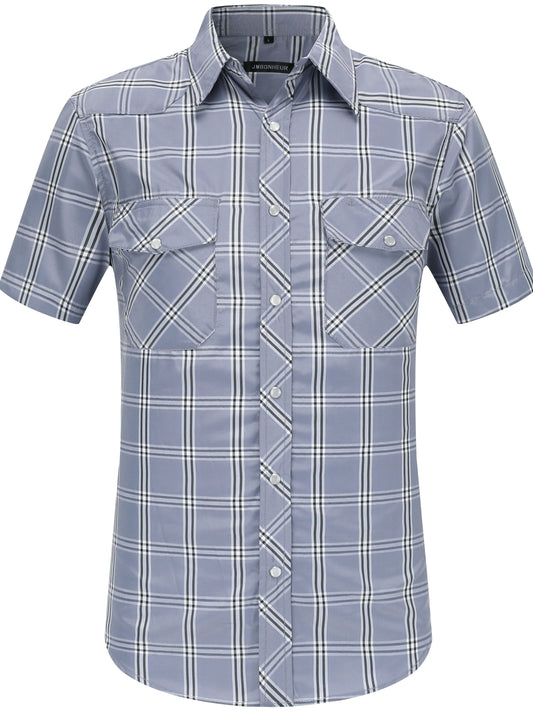 Men's Summer Casual Plaid Shirt, 94% Polyester 6% Cotton, Short Sleeve, Skinny Fit, Lapel Collar, Single Breasted, 2 Pockets with Pen Holder, Lightweight Fabric, Pearl Snap Buttons, Regular